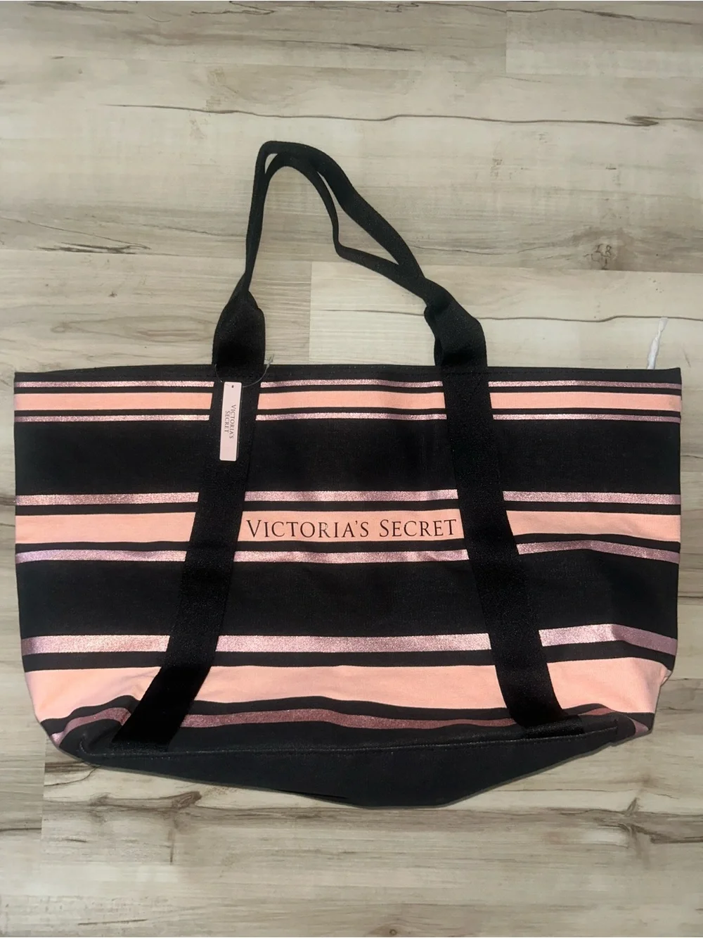 Victoria's Secret Black and Pink Striped Canvas Tote